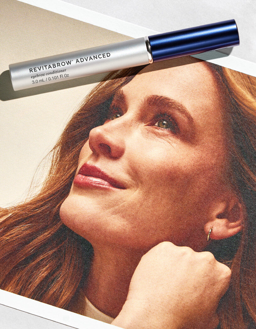 Woman with Revitabrow Advanced eyebrow product with a close-up of the product.
